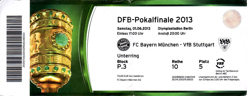 Karte DFB Pokalendspiel 2013 - Originalgröße - FC Bayern Mnchen -  VFB Stuttgart