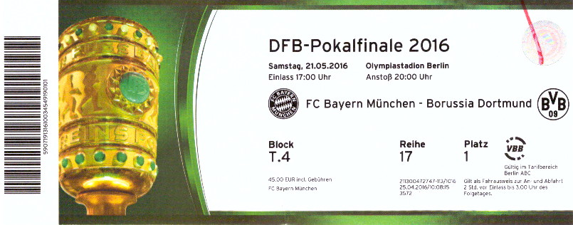 Karte DFB Pokalendspiel 2016 - Originalgröße - FC Bayern Mnchen - Borussia Dortmund